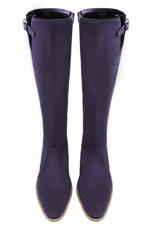 Lavender purple women's knee-high boots with buckles. Round toe. Low leather soles. Made to measure. Top view - Florence KOOIJMAN